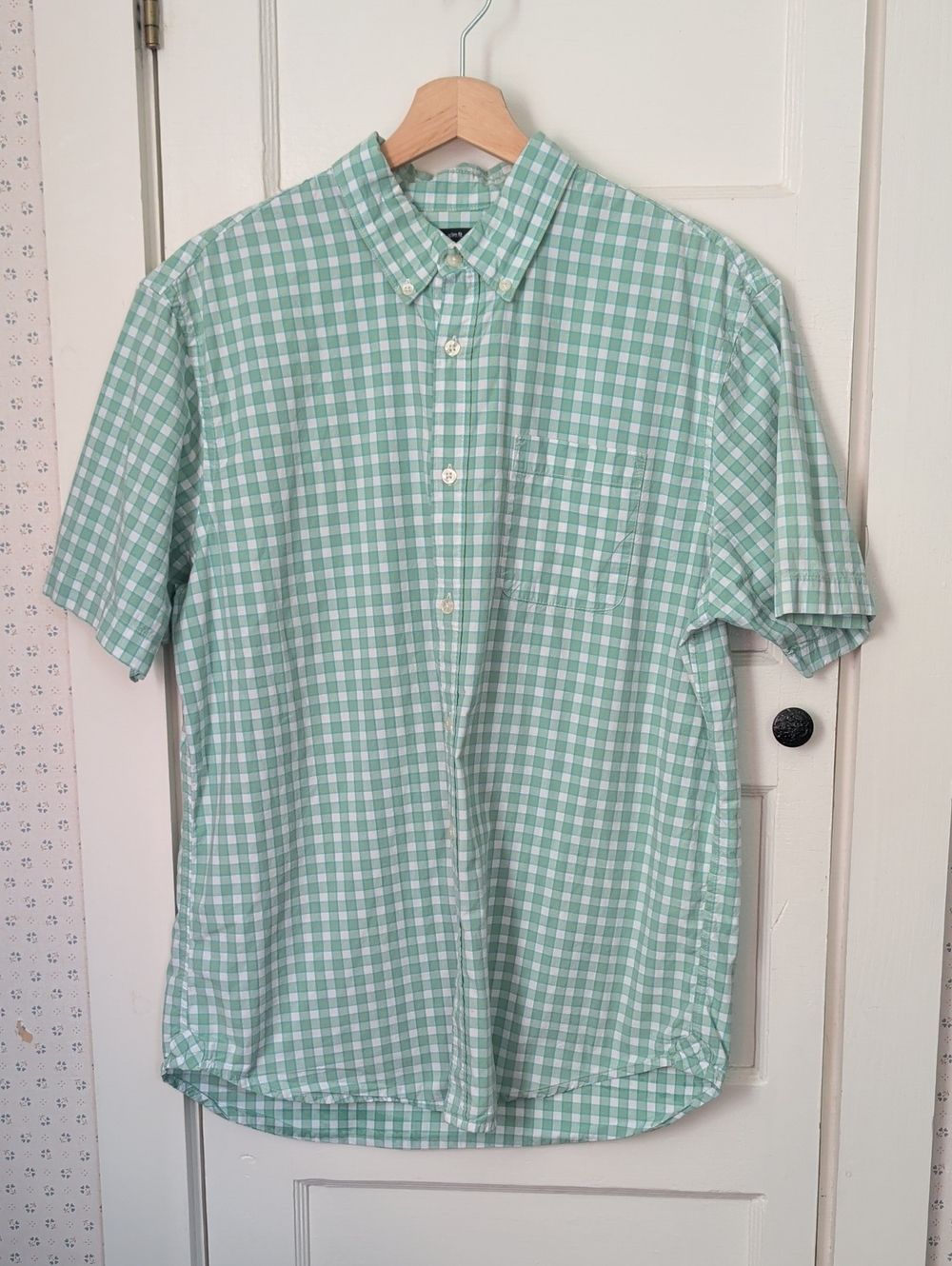Gap Men's Short-Sleeve Button-Down Shirt in Mint Gingham Size Large Cotton